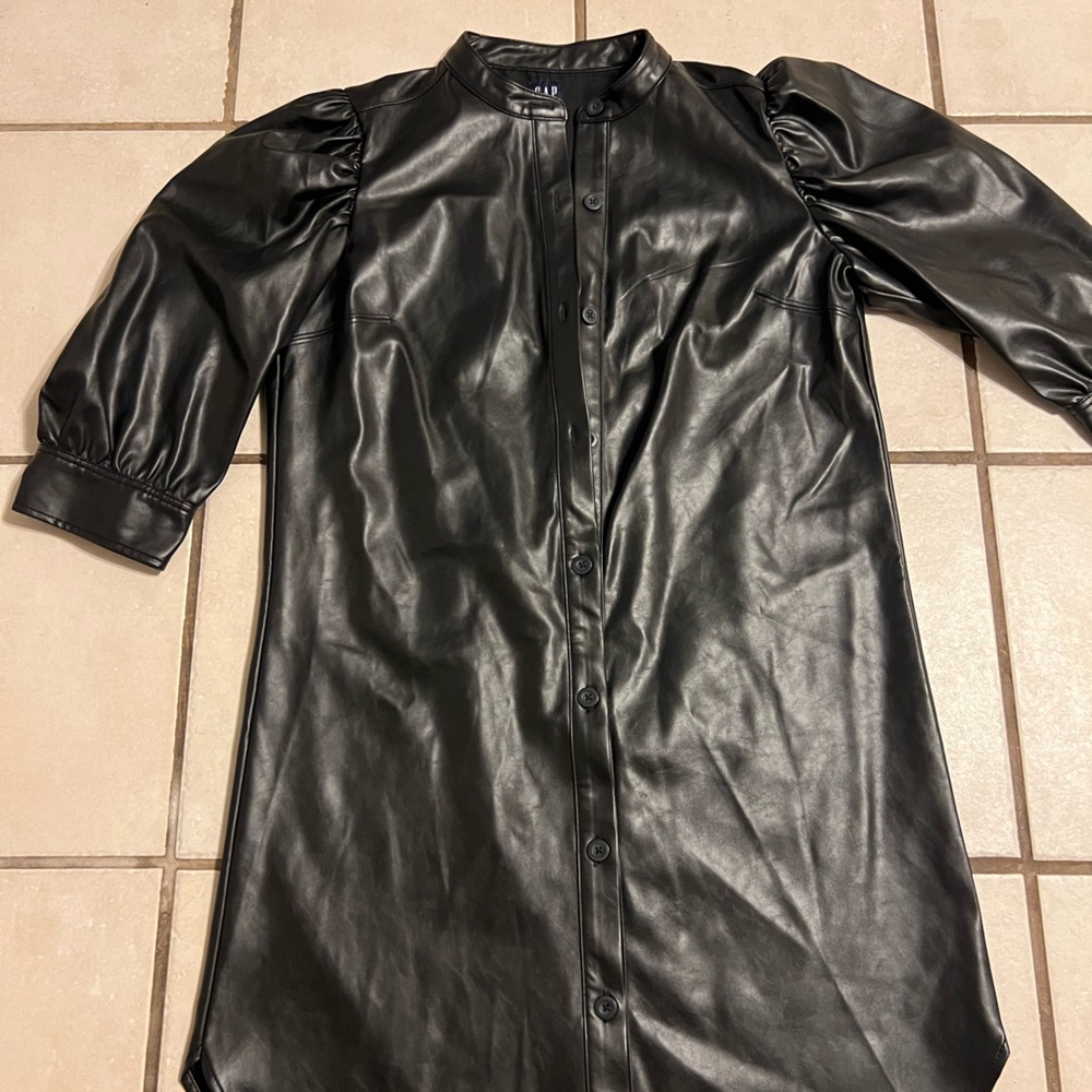 Black Faux Leather Button-Up Shirt/Dress